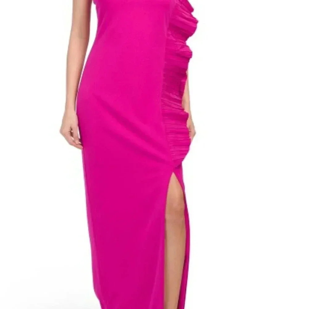 Ruffle Stretch Crepe MAXI Dress with Slit (Color: Bright Pink) - Picture 3 of 3